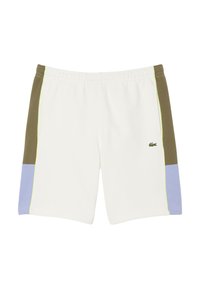Shorts blancs avec une taille élastique, dotés de panneaux latéraux vert olive et bleu clair et de coutures vert fluo. Logo Lacoste à l'avant.