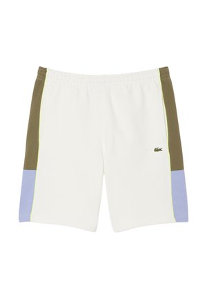 White shorts with an elastic waistband, featuring olive green and light blue side panels and neon green stitching. Lacoste logo on the front.