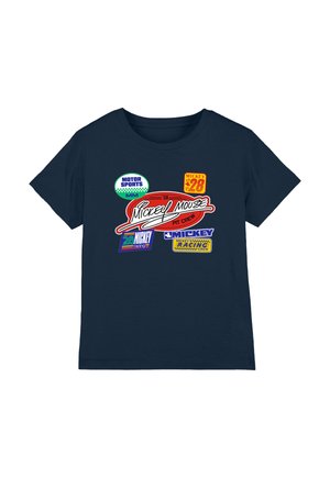 Navy blue t-shirt featuring colorful racing patches with text "Mickey Mouse," "Motor Sports," "Mickey 28," and racing crew logos.