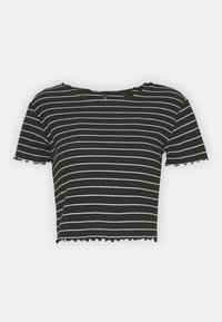 Černé krátké tričko s bílými vodorovnými pruhy, krátkými rukávy a texturovanou látkou. Má vroubkovaný lem a výstřih.