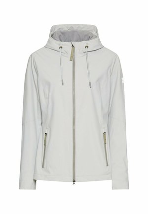 Lichtgrijze hoodie met rits aan de voorkant, verstelbare trekkoorden op de capuchon en twee met rits afgesloten zijzakken, gepresenteerd op een effen witte achtergrond.