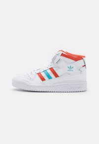 High-top sneakers in white leather with red and teal stripes, white sole, padded collar, and adjustable strap for secure fit.