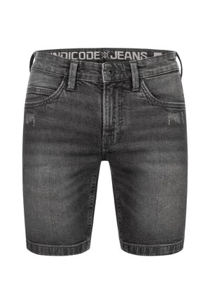 Shorts en denim gris avec une finition délavée, design à cinq poches, et une taille noire arborant le logo "INDICODE JEANS" en blanc.