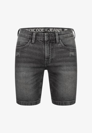 Šedé denimové šortky so zosvetleným povrchom, dizajnom s piatimi vreckami a čiernym opaskom s logom "INDICODE JEANS" v bielej farbe.