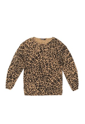 Leopard print sweater featuring a round neckline, long sleeves, and a soft, textured beige fabric with black spots.
