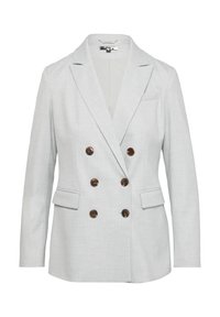 Blazer gris claro de doble botonadura hecho de una tela texturada. Cuenta con botones marrones, dos bolsillos frontales y un solo bolsillo en el pecho.