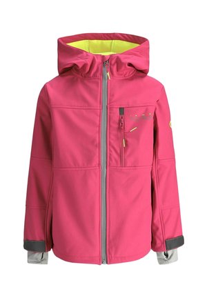 Różowa softshellowa kurtka z kapturem, żółtą podszewką, zamkiem błyskawicznym z przodu, kieszenią na piersi i regulowanymi mankietami rękawów.