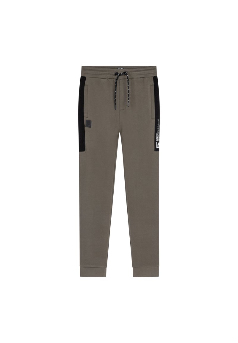 Olijfgroene joggingsbroek van een katoenmix, met zwarte zijpanelen, een elastische tailleband met trekkoord en voorzakken.