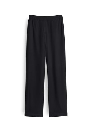 Schwarze weite Hose aus glattem Stoff mit elastischem Bund und ohne sichtbare Taschen. Gerade Form mit sauberem Finish.