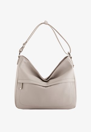 Zachte beige leren schoudertas met een slungelige vorm, V-vormige bovenkant en voorvak. Voorzien van een platte schouderband en subtiele stiksels.