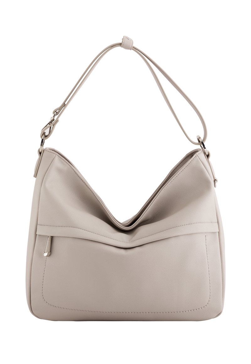 Pehmeä beige nahkainen olkalaukku, jossa on löysä muoto, V-muotoinen yläosa ja etutasku. Varustettu litteällä hihnalla ja hienovaraisilla ompelupistoilla.