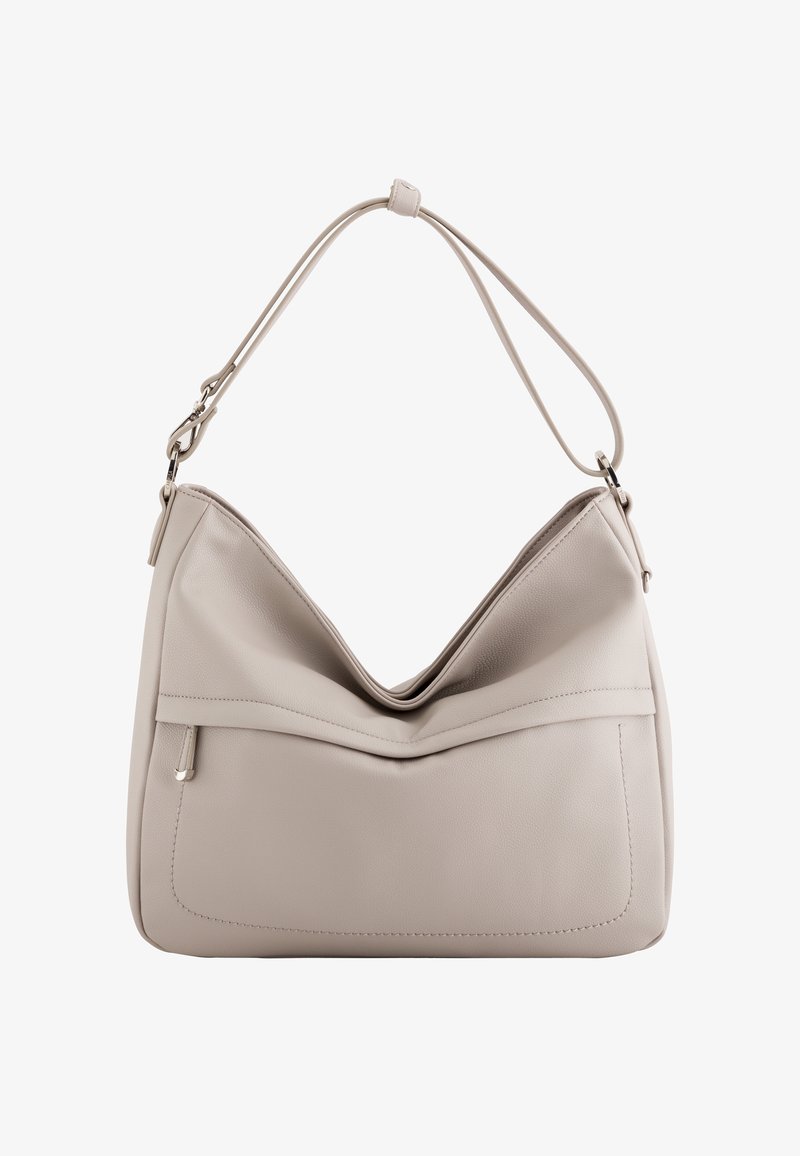 Pehmeä beige nahkainen olkalaukku, jossa on löysä muoto, V-muotoinen yläosa ja etutasku. Varustettu litteällä hihnalla ja hienovaraisilla ompelupistoilla.