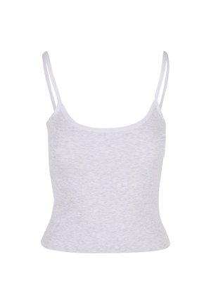 Valge ribidega särk õhukeste rihmadega, sobiv disain ja sujuv tekstuur. Ilma mustrite ja kaunistusteta, lihtne ja minimalistlik stiil.