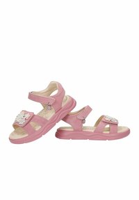 Sandales roses pour enfants avec brides ajustables, décorations florales sur la bride avant et semelles rembourrées pour le confort.