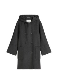 Dunkelgrauer Wollmantel mit Kapuze, doppelt knöpfbare Vorderseite, großen Taschen und weiten Ärmeln. Weiche Textur und minimalistisches Design.