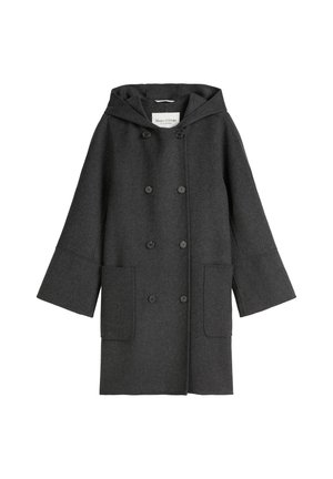 Cappotto di lana grigio scuro con cappuccio, chiusura doppiopetto, grandi tasche e maniche larghe. Texture morbida e design minimalista.