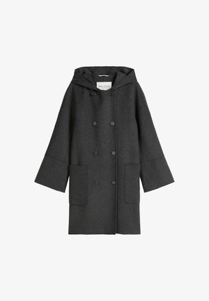 Mørkegrå uldfrakke med hætte, dobbeltradet foran, store lommer og brede ærmer. Blød tekstur og minimalistisk design.