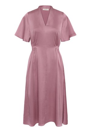 Levandulové šaty ke kolenům s krátkými volánkovými rukávy, výstřihem do V, nařaseným pasem a áčkovou sukní z texturované látky.