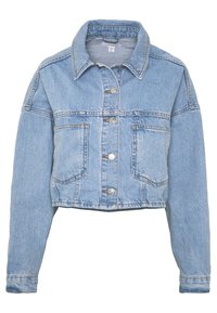 Ljusblå kort denimjacka med långa ärmar, knäppning med knappar, spetsig krage och två fickor framtill.