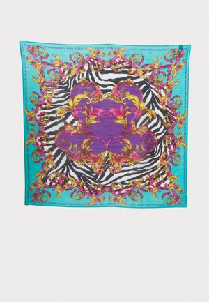 Multicolored scarf featuring a purple central design, surrounded by ornate gold and pink accents, on a zebra-striped black and white background.
