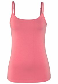 Top in rosa realizzato in tessuto liscio, con spalline sottili regolabili e design aderente. Senza motivi o accenti visibili.