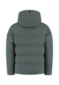 Gewatteerde jas in gedempt groen, met een capuchon, horizontale stiksels en een logodetail op de achterkant. Glad, nylon textuur.