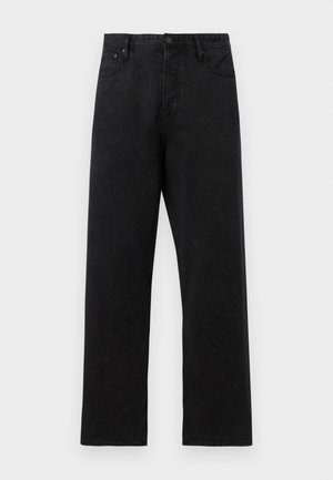 Schwarze Jeans aus Denim mit geradem Schnitt, ausgestattet mit einem klassischen Knopf- und Reißverschluss, vorderen Taschen und einer dezenten, strukturierten Oberfläche.
