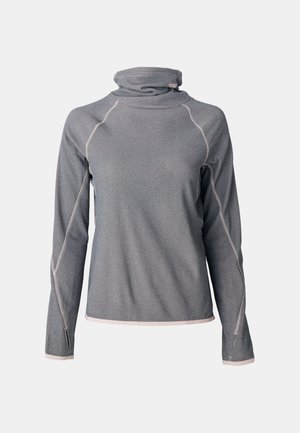 Pelēks garām piedurknēm tops ar augstu apkakli, strukturēta auduma, kontrastējoša gaismas šuvuma un pieguļoša dizaina.