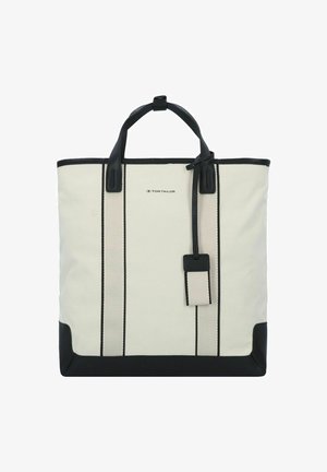 Sac en toile avec des accents en cuir noir, présente un corps crème, deux bandes noires verticales, des poignées supérieures et une étiquette détachable.
