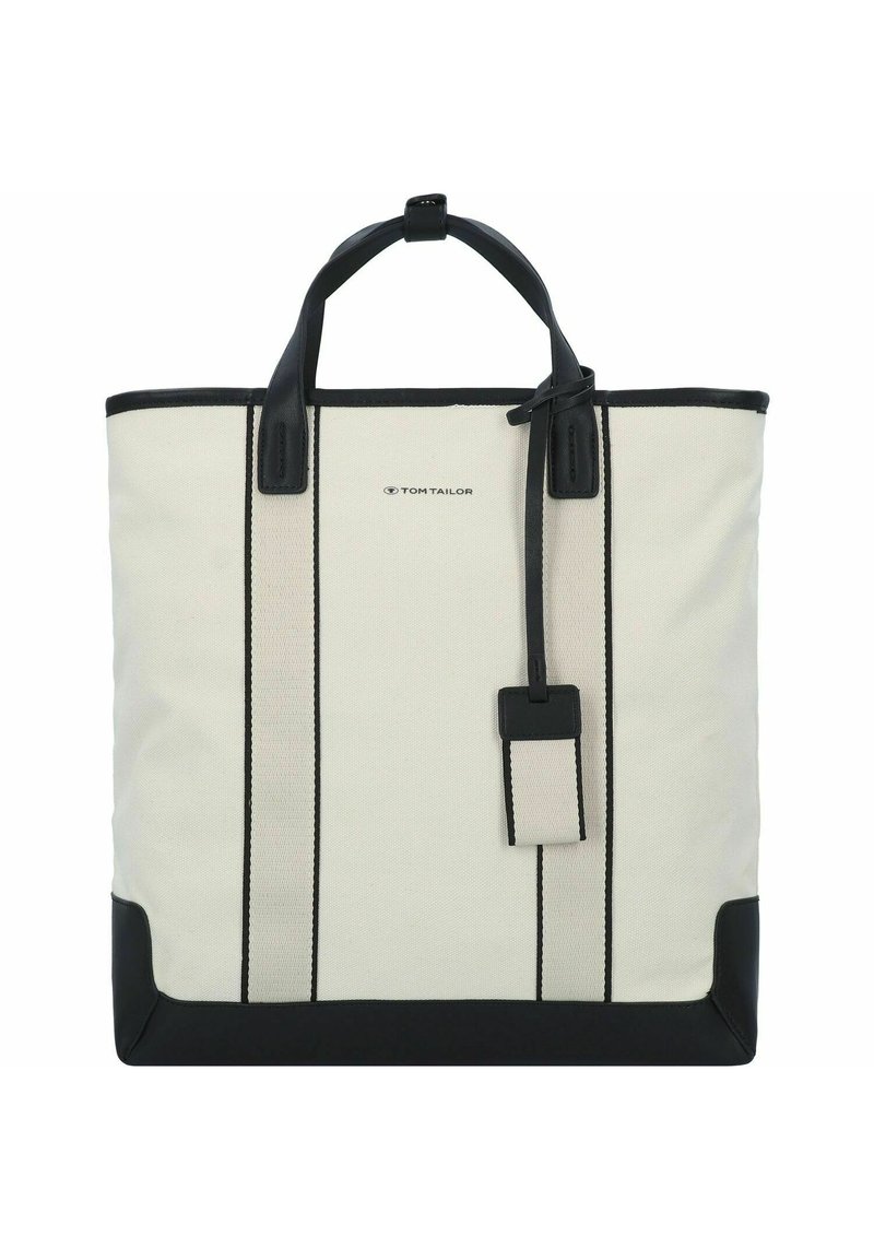 Borsa tote in canvas con dettagli in pelle nera, presenta un corpo crema, due strisce nere verticali, manici superiori e un'etichetta staccabile.