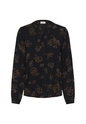 Zwarte blouse met lange mouwen en V-hals, voorzien van een bloemenpatroon in bruin. Zacht, lichtgewicht materiaal met een relaxte pasvorm en geplooide mouwen.