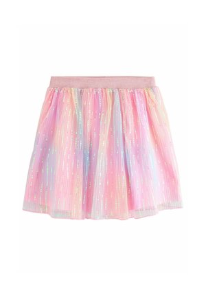 Jupe en tulle rose avec une taille scintillante, présentant des rayures verticales iridescentes et un design semi-transparent à plusieurs couches.