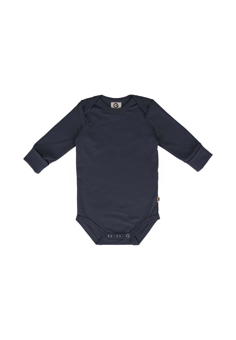 Navy long-sleeve bodysuit made of soft fabric, featuring a round neckline and snap-button closure at the bottom for easy dressing.
