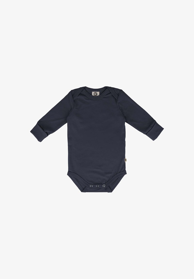 Body a maniche lunghe blu navy realizzato in tessuto morbido, con scollatura rotonda e chiusura a bottoni a pressione nella parte inferiore per una facile vestizione.