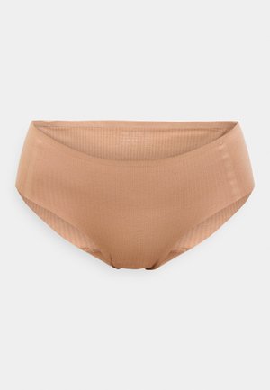 Φιγούρες hipster από ριμπ ύφασμα σε ανοιχτό καφέ χρώμα, με λεία μέση και άψογη ραφή, που διαθέτουν ελάχιστες ραφές.