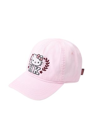 Lyserød baseballkasket med broderet Hello Kitty ansigt, lyserød sløjfe, "HK" bogstaver og vinrøde laurbærblade og stjerner som pynt.