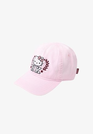 Lyserød baseballkasket med broderet Hello Kitty ansigt, lyserød sløjfe, "HK" bogstaver og vinrøde laurbærblade og stjerner som pynt.
