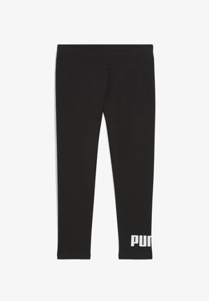 Sorte leggings med en tætsiddende design, lavet af strækbart stof, med en bred talje og et hvidt mærke-logo på den nederste venstre ben.