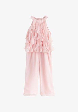Tuta senza maniche color rosa chiaro con dettagli a balze stratificate sulla parte superiore e pantaloni a gamba larga.