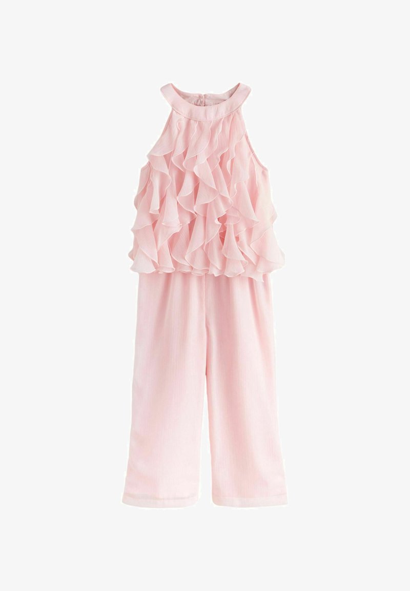 Hõbedasse heleroosa varrukateta kombinesoon kihilise rüüsidega ülasel ja laia säärega pükstega.