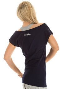 Navy blue, loose-fitting t-shirt with a wide neck, featuring a gray tank top underneath. "Winshape" logo embroidered on the back.