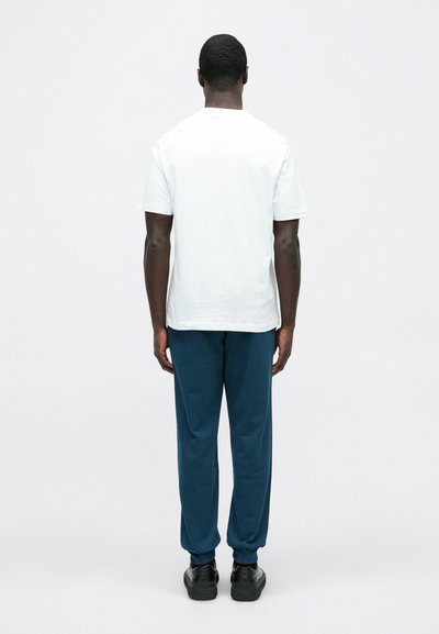 Valge puuvillane t-särk, mida on kombineeritud türkiissiniste dressipükstega. T-särgil on klassikaline lõige; dressipükstel on elastsed mansetid. Mustad jalanõud täiendavad välimust.