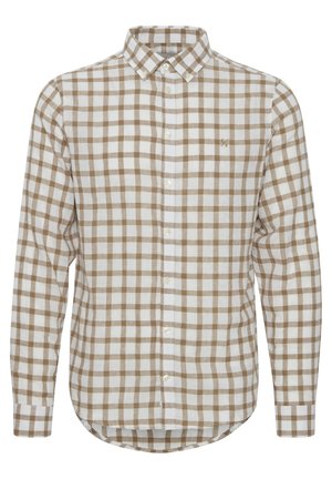 Brun og hvid ternet skjorte med knapper lavet af tekstureret stof, med klassisk krave, lange ærmer og en buet søm.