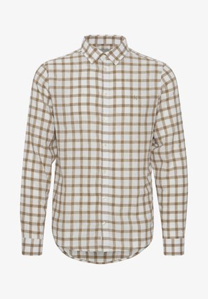 Brun og hvid ternet skjorte med knapper lavet af tekstureret stof, med klassisk krave, lange ærmer og en buet søm.