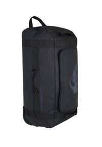 Black backpack made of durable material, featuring a rectangular shape, double grab handles, and a prominent logo on the side.