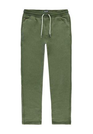 Groene sweatpants met trekkoord en een elastische tailleband, met twee zijzakken, plat gelegd op een witte achtergrond.