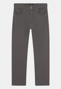 Jeans de mezclilla gris con un diseño de pierna recta, estilo de cinco bolsillos y detalle de costura sutil. Accentos de metal en la cinturilla y los bolsillos.
