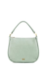 Borsa a spalla in pelle verde con forma curva, manico testurizzato e dettagli in logo dorato sulla parte anteriore. Chiusura superiore con zip.