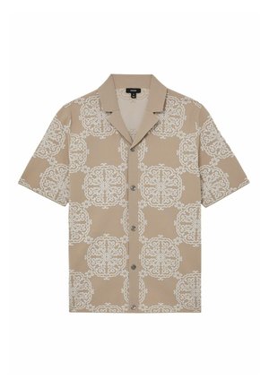 Bézs rövid ujjú, gombos ing fehér, összetett kör alakú virágmintával és széles gallérral.