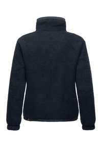 Navy blue fleece jacket with a high collar, textured surface, and elastic cuffs; lacks visible hardware or patterns.